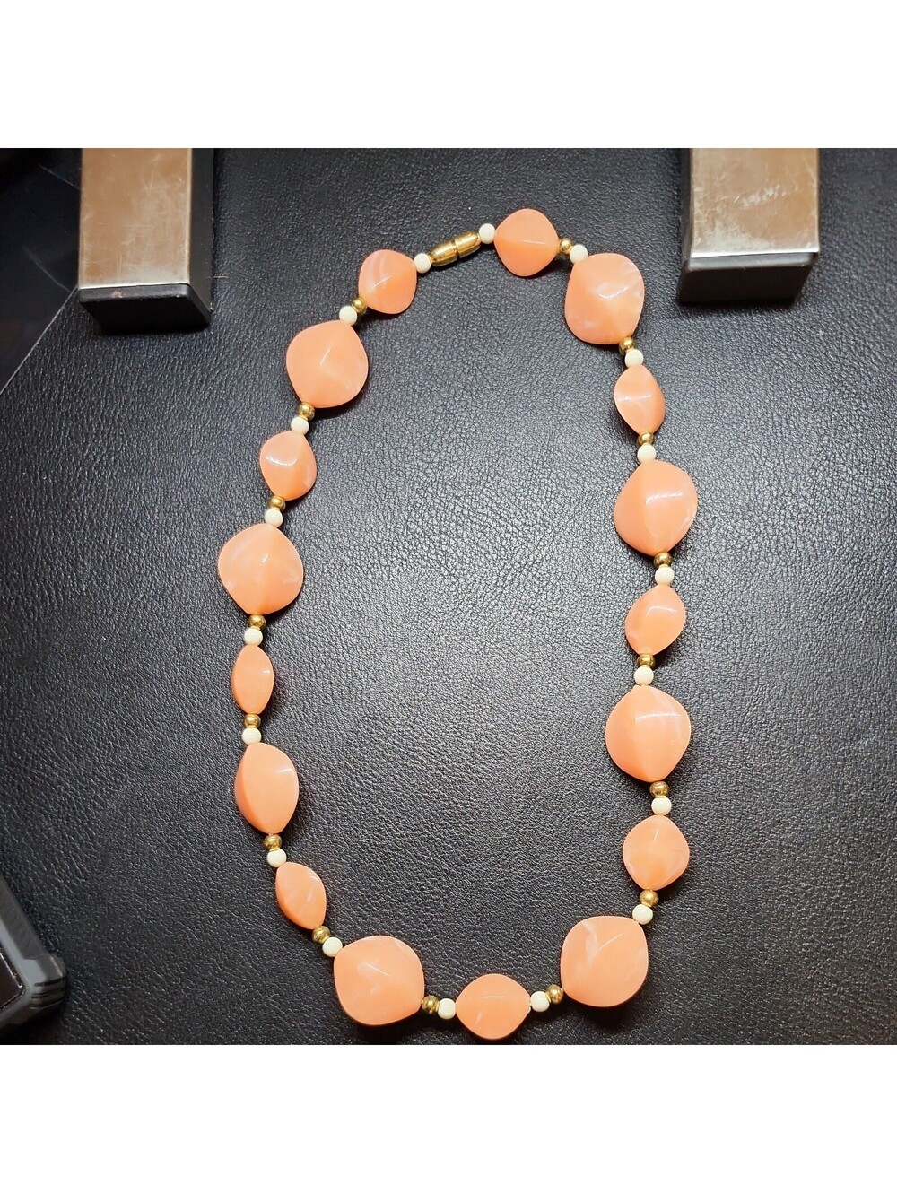 Vintage AVON Necklace Color Ivory Peach Bead Gold Tone Sherbert Barrel Clasp